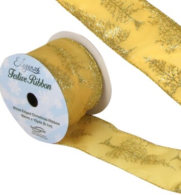 63mm Eleganza Satin Wired Edge Glitter Christmas Tree Ribbon - Gold