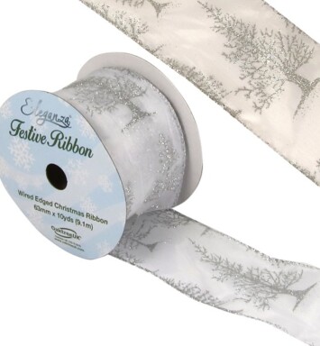 63mm Eleganza Satin Wired Edge Glitter Christmas Tree Ribbon - Silver