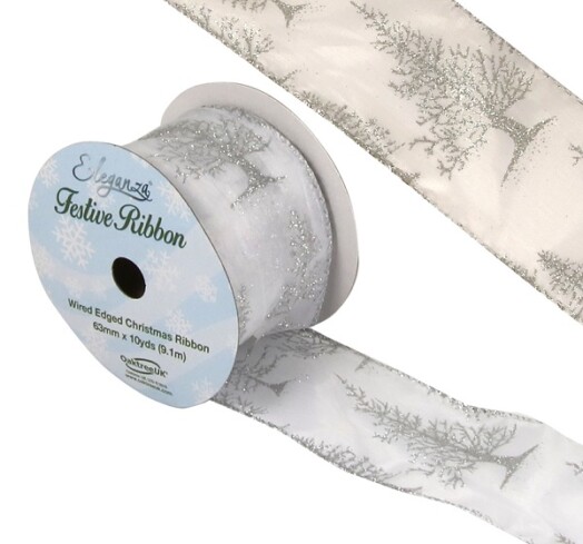 63mm Eleganza Satin Wired Edge Glitter Christmas Tree Ribbon - Silver