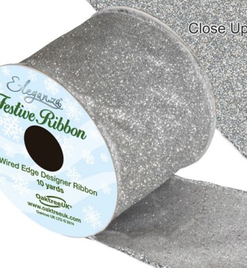 63mm Eleganza Satin Wired Edge Sparkly Glitter Ribbon - Silver