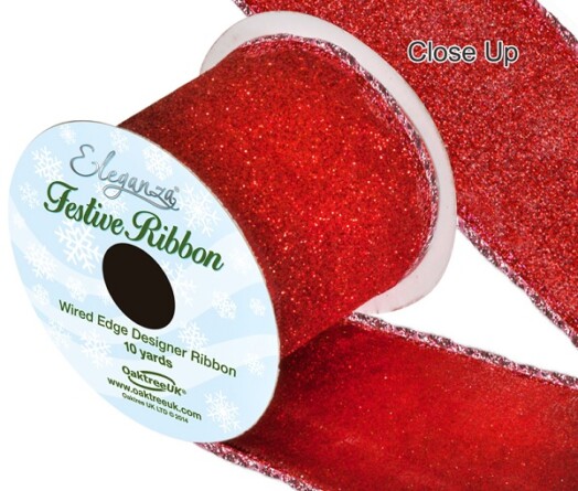 63mm Eleganza Satin Wired Edge Sparkly Glitter Ribbon - Red