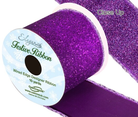 63mm Eleganza Satin Wired Edge Sparkly Glitter Ribbon - Purple