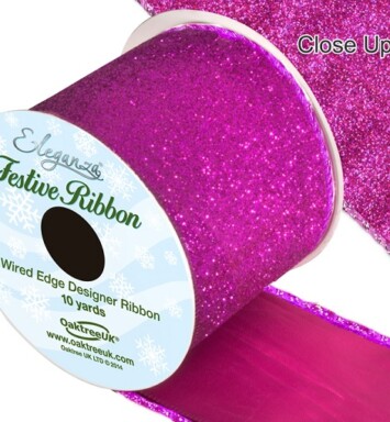 63mm Eleganza Satin Wired Edge Sparkly Glitter Ribbon - Fuchsia