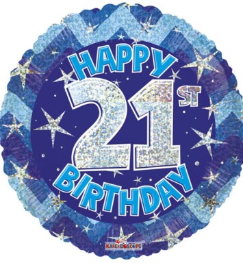 18" Blue Holographic Happy 21st Birthday Foil Balloon