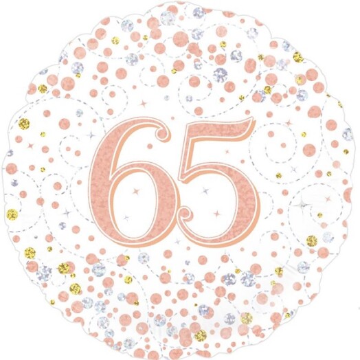 18" 65th Sparkling Fizz Birthday White & Rose Gold Foil Balloon