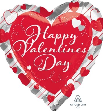 17 Inch Happy Valentine's Day Red Heart & Silver Stripes Foil Balloon