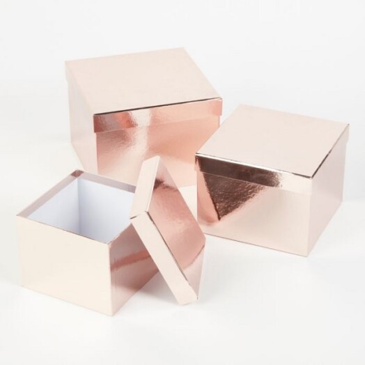Set of 3 Square Sheen Hat Boxes - Rose Gold