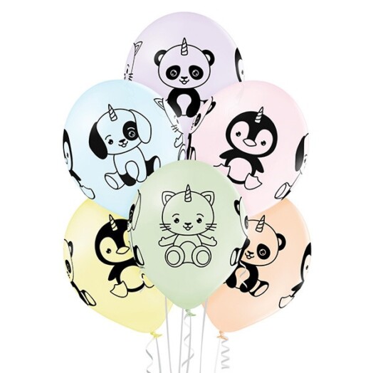 6 Pack 12 Inch Pastel Assortment Unicorn Animals Latex Balloon