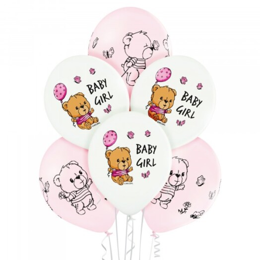 6 Pack 12 Inch White & Soft Pink Cute Baby Girl Latex Balloon
