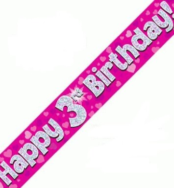 9ft Banner Happy 3rd Birthday Pink Holographic