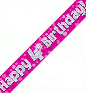 9ft Banner Happy 4th Birthday Pink Holographic