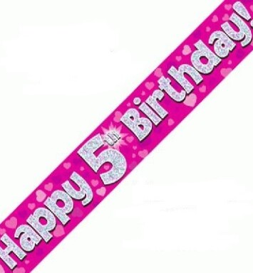 9ft Banner Happy 5th Birthday Pink Holographic