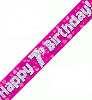 9ft Banner Happy 7th Birthday Pink Holographic