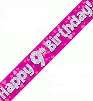 9ft Banner Happy 9th Birthday Pink Holographic