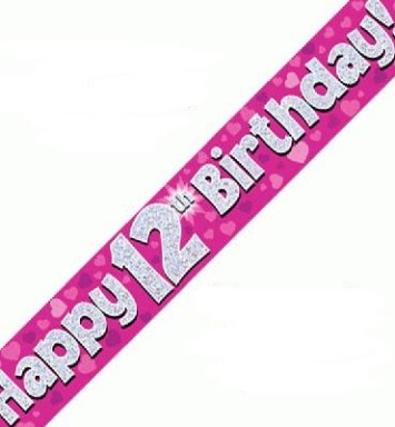9ft Banner Happy 12th Birthday Pink Holographic