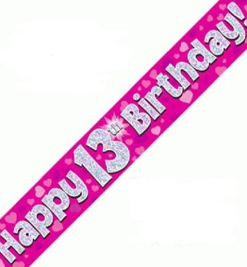 9ft Banner Happy 13th Birthday Pink Holographic