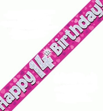 9ft Banner Happy 14th Birthday Pink Holographic