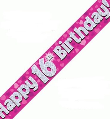 9ft Banner Happy 16th Birthday Pink Holographic