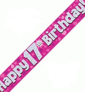 9ft Banner Happy 17th Birthday Pink Holographic