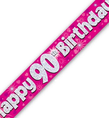 9ft Banner Happy 90th Birthday Pink Holographic