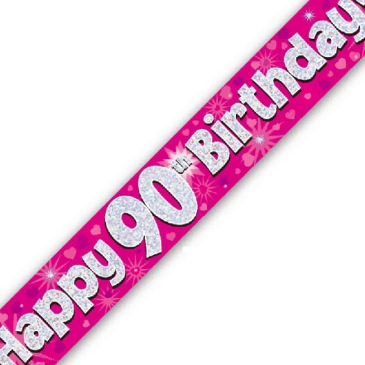 9ft Banner Happy 90th Birthday Pink Holographic