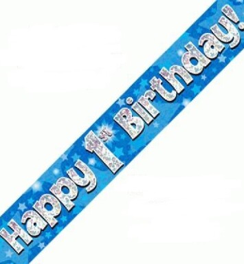 9ft Banner Happy 1st Birthday Blue Holographic