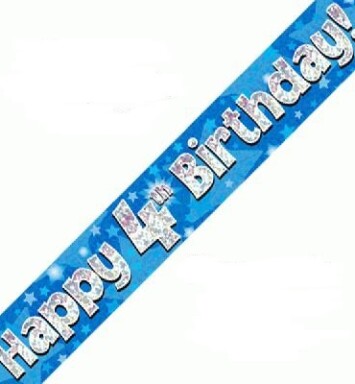 9ft Banner Happy 4th Birthday Blue Holographic