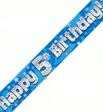 9ft Banner Happy 5th Birthday Blue Holographic