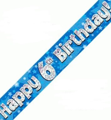 9ft Banner Happy 6th Birthday Blue Holographic