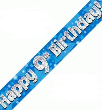 9ft Banner Happy 9th Birthday Blue Holographic