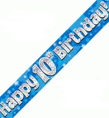 9ft Banner Happy 10th Birthday Blue Holographic