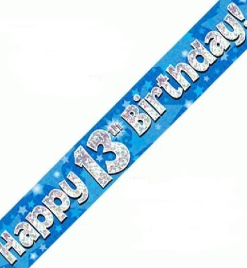 9ft Banner Happy 13th Birthday Blue Holographic