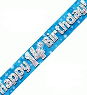 9ft Banner Happy 14th Birthday Blue Holographic