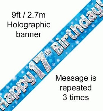 9ft Banner Happy 17th Birthday Blue Holographic