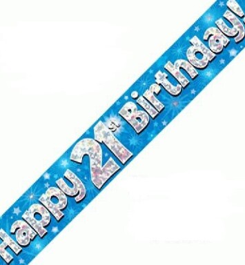 9ft Banner Happy 21st Birthday Blue Holographic
