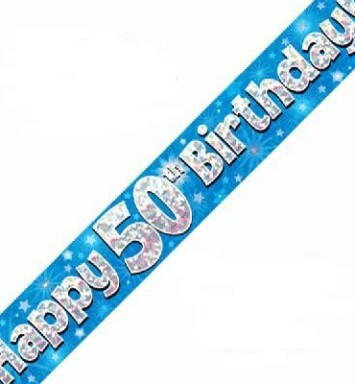 9ft Banner Happy 50th Birthday Blue Holographic