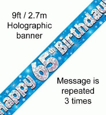 9ft Banner Happy 65th Birthday Blue Holographic