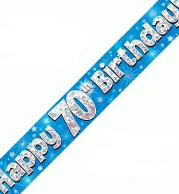 9ft Banner Happy 70th Birthday Blue Holographic