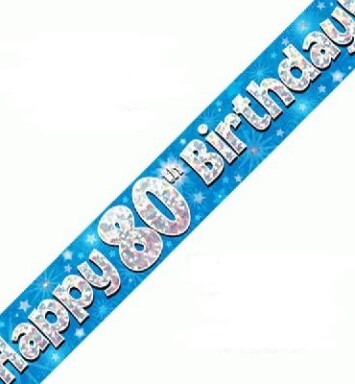 9ft Banner Happy 80th Birthday Blue Holographic