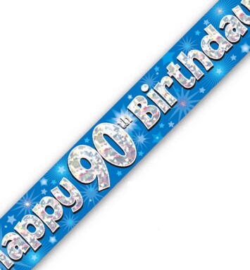 9ft Banner Happy 90th Birthday Blue Holographic