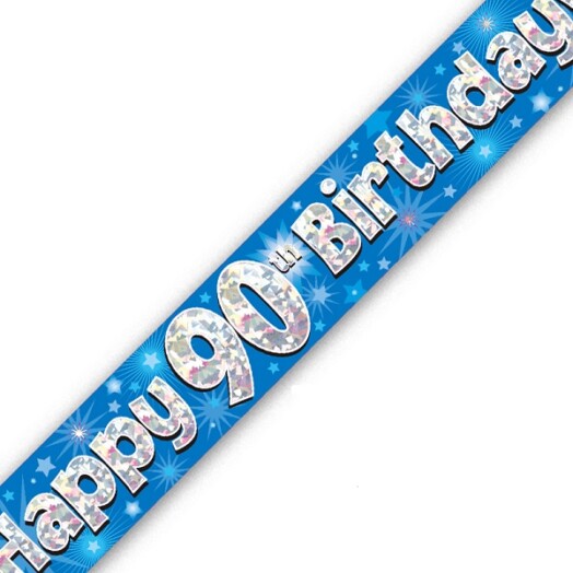 9ft Banner Happy 90th Birthday Blue Holographic