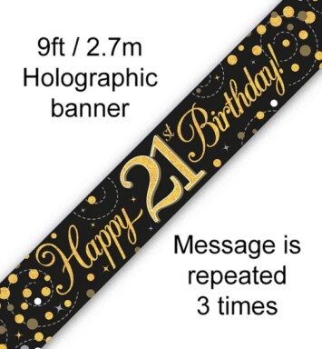 9ft Banner Sparkling Fizz 21st Birthday Black & Gold Holographic