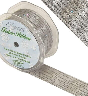 38mm Eleganza Satin Wired Edge Festive Shimmer Ribbon - Silver