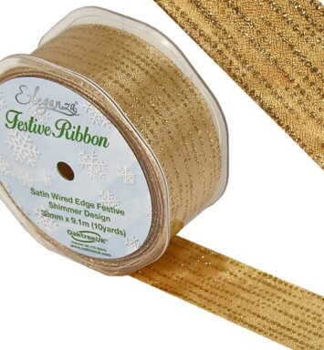 38mm Eleganza Satin Wired Edge Festive Shimmer Ribbon - Gold