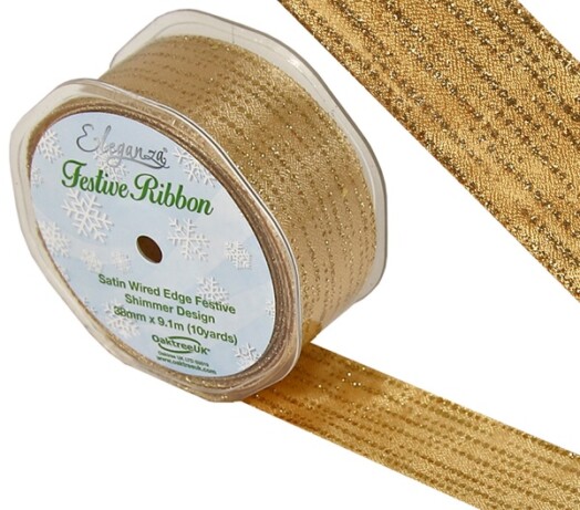 38mm Eleganza Satin Wired Edge Festive Shimmer Ribbon - Gold