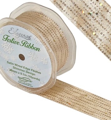 38mm Eleganza Satin Wired Edge Festive Shimmer Ribbon - Champagne Gold