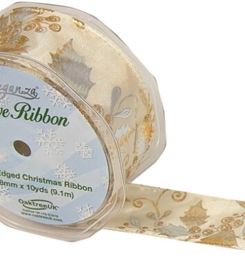 38mm Eleganza Gilded Holly Wired Edge Ribbon - Ivory/Gold