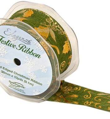 38mm Eleganza Gilded Holly Wired Edge Ribbon - Green/Gold