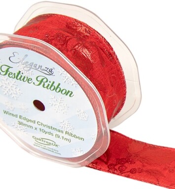 38mm Eleganza Gilded Holly Wired Edge Ribbon - Red