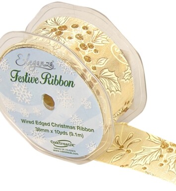 38mm Eleganza Satin Wired Edge Holly/Mistletoe Ribbon - Ivory/Gold